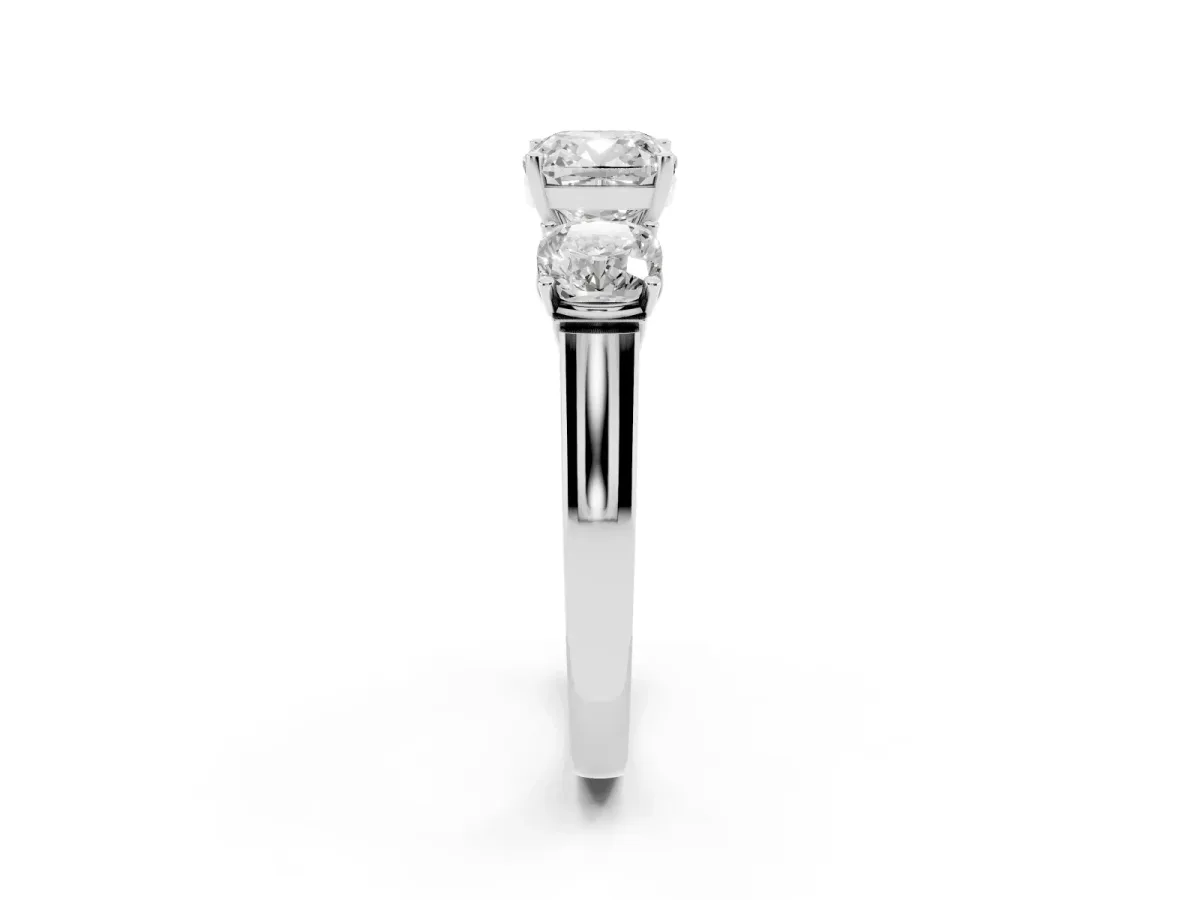 Three-Stone Cushion Cut Brilliant Diamond Trellis Ring with Comfort Fit Band White gold
