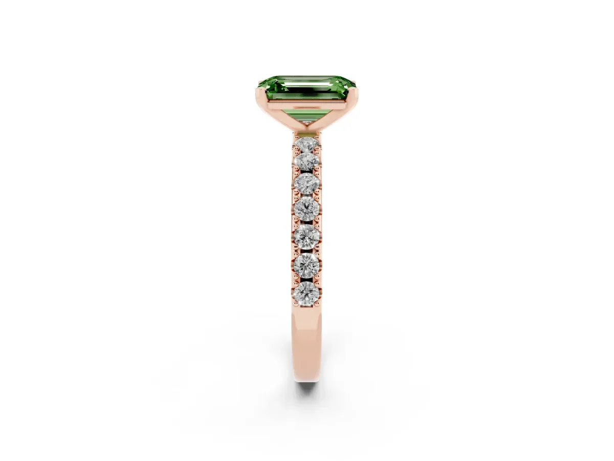 Fancy Green Emerald Cut Diamond Solitaire Pavé Band with Four-Prong Setting Rose gold