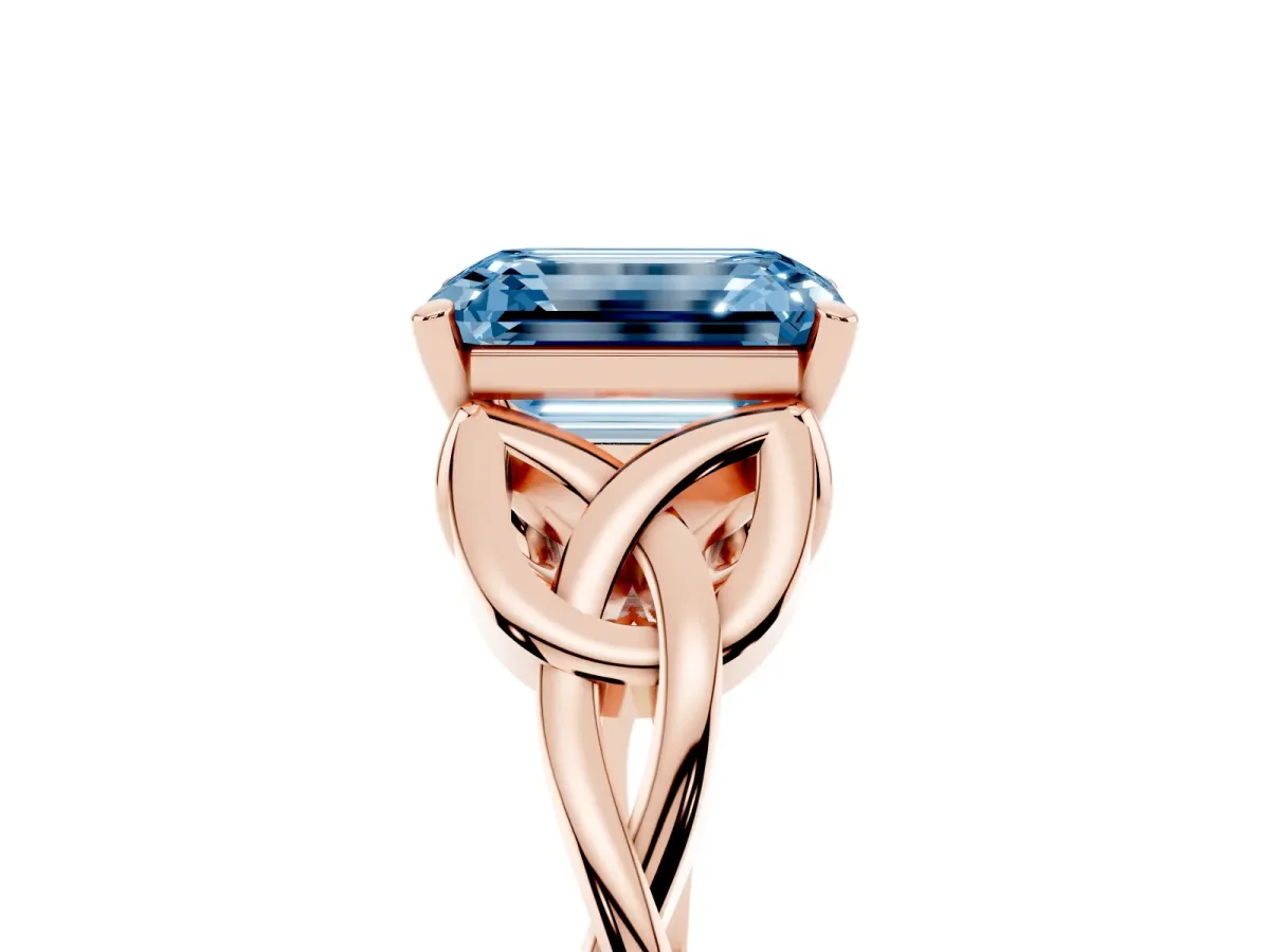 Fancy Blue Emerald Cut Diamond Solitaire Engagement Ring with Celtic Knot Band and Four-Prong Setting Rose gold