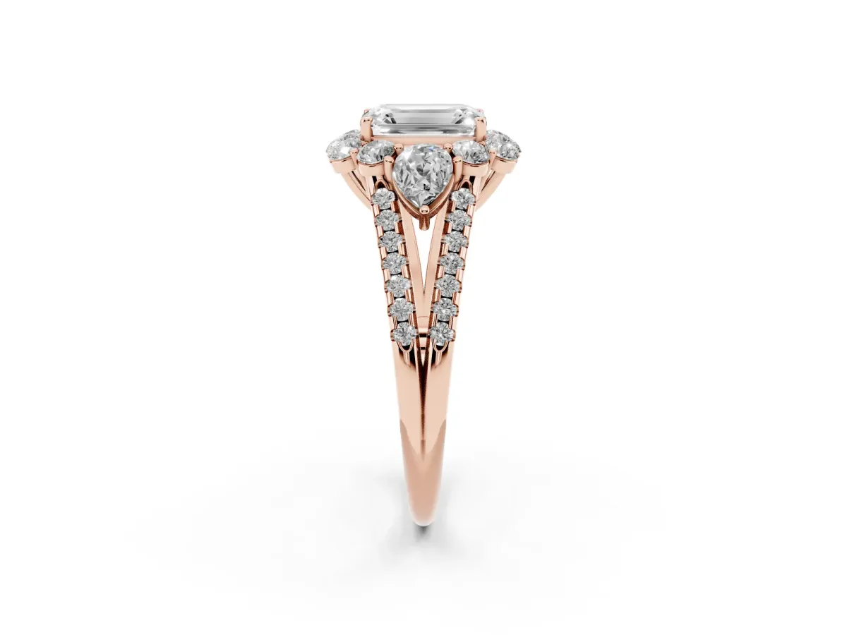 Emerald Cut Halo Split Shank Diamond Engagement Ring with Prong Setting Rose gold