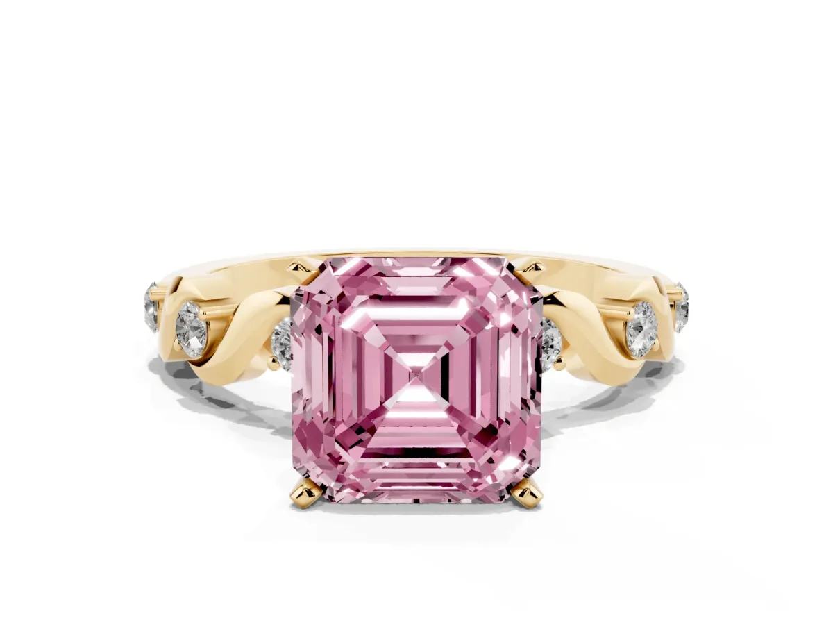 Fancy Pink Asscher Cut Diamond Solitaire Twisted Band with Round Accents and Prong Setting Yellow gold