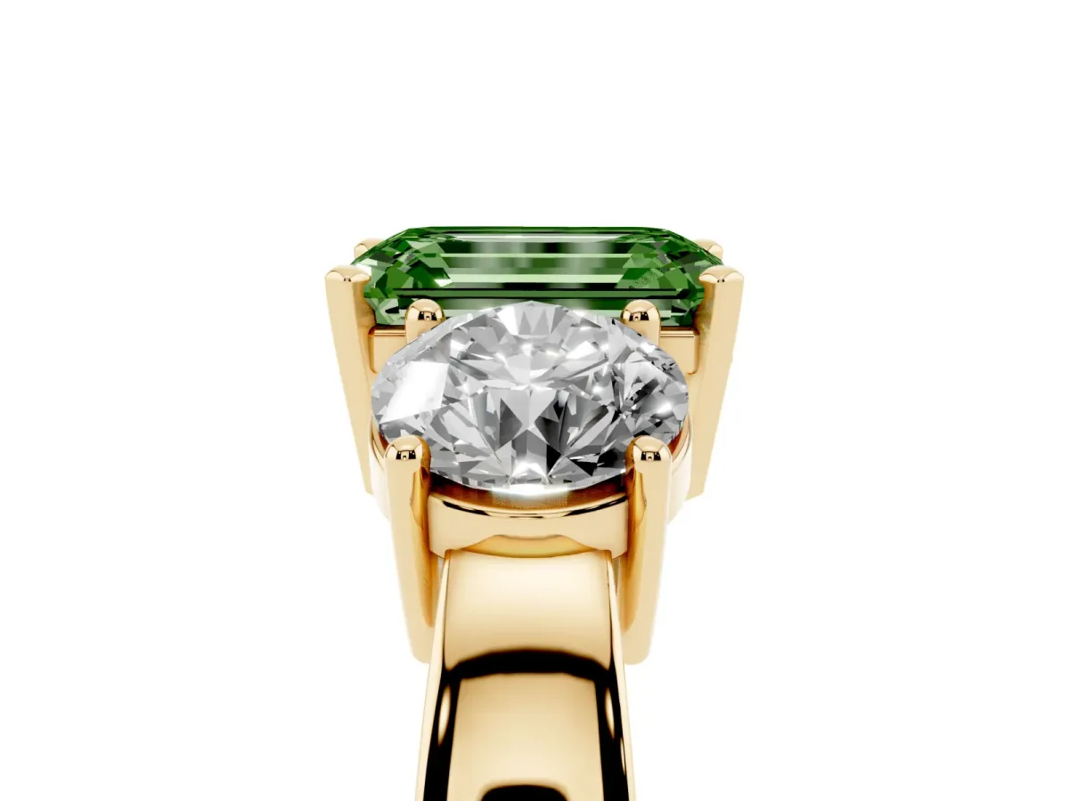 Fancy Green Three-Stone Emerald Cut Diamond Ring with Round Side Stones, Classic Band, and Four-Prong Setting Yellow gold
