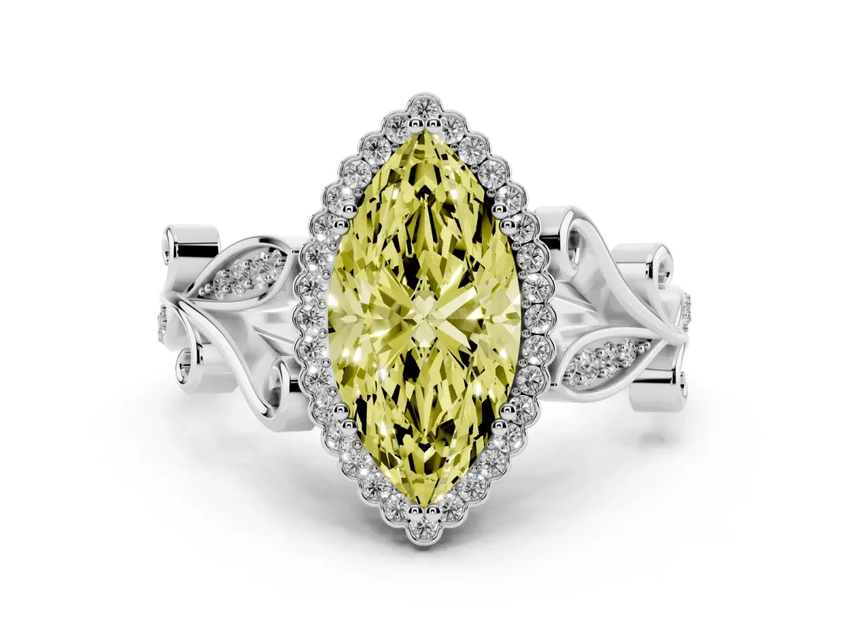Fancy Yellow Marquise Cut Diamond Halo Ring with Vintage Split Shank and Four-Prong Setting Silver