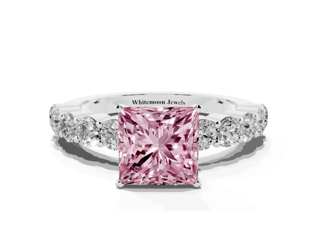 Fancy Pink Princess Cut Diamond Solitaire Ring with Shared Prong Round Side Stones Silver