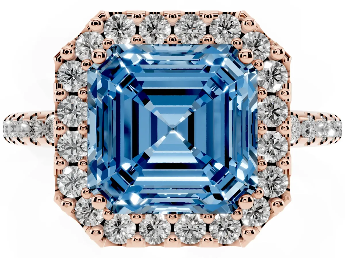Fancy Blue Asscher Cut Diamond Pavé Halo Ring with Four-Prong Setting Rose gold