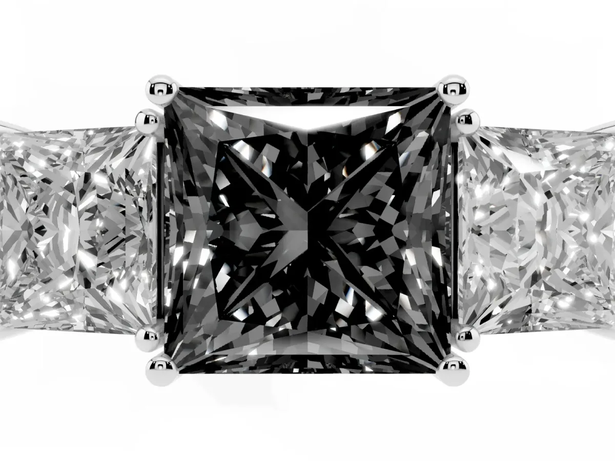 Fancy Black Three-Stone Princess Cut Cut Diamond Engagement Ring with Flat Band and Four-Prong Setting Silver
