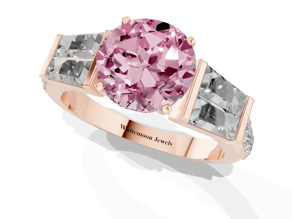 Fancy Pink Round Cut Diamond Engagement Ring with Baguette Side Stones and Channel Set Band Rose gold