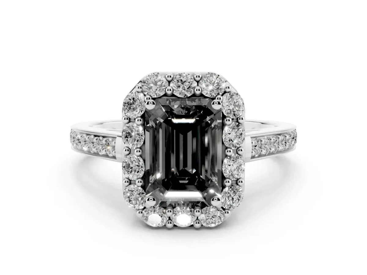 Fancy Black Emerald Cut Diamond Floral Halo Ring with Pavé Band and Prong Setting White gold
