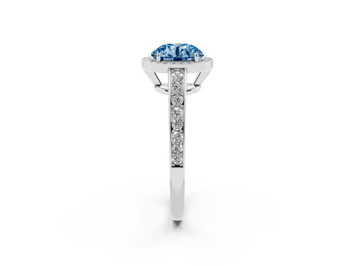 Fancy Blue Round Cut Halo Pavé Diamond Engagement Ring with Bezel Setting Silver