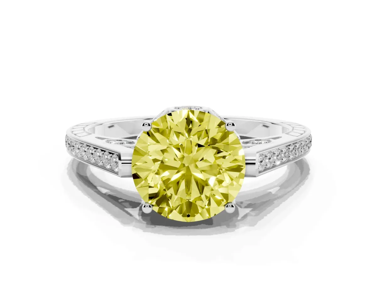 Fancy Yellow Round Cut Cut Cathedral Pave Diamond Engagement Ring with Six-Prong Setting Silver