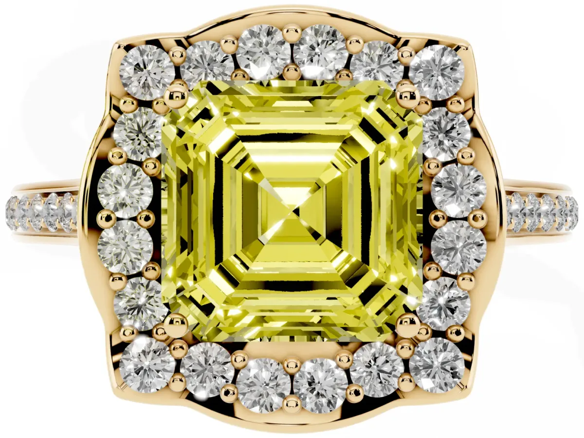 Fancy Yellow Asscher Cut Halo Round Diamond Pave Band with Four-Prong Setting Yellow gold