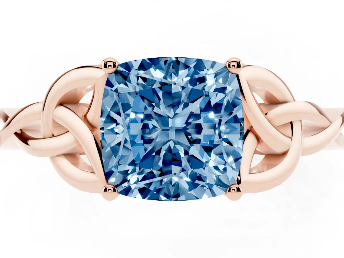 Fancy Blue Cushion Cut Diamond Solitaire Engagement Ring with Celtic Knot Band and Four-Prong Setting Rose gold