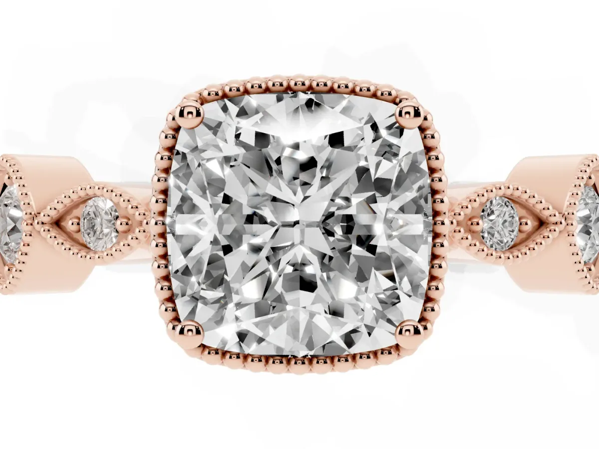 Cushion Cut Diamond Vintage Milgrain Ring with Round Stations Rose gold