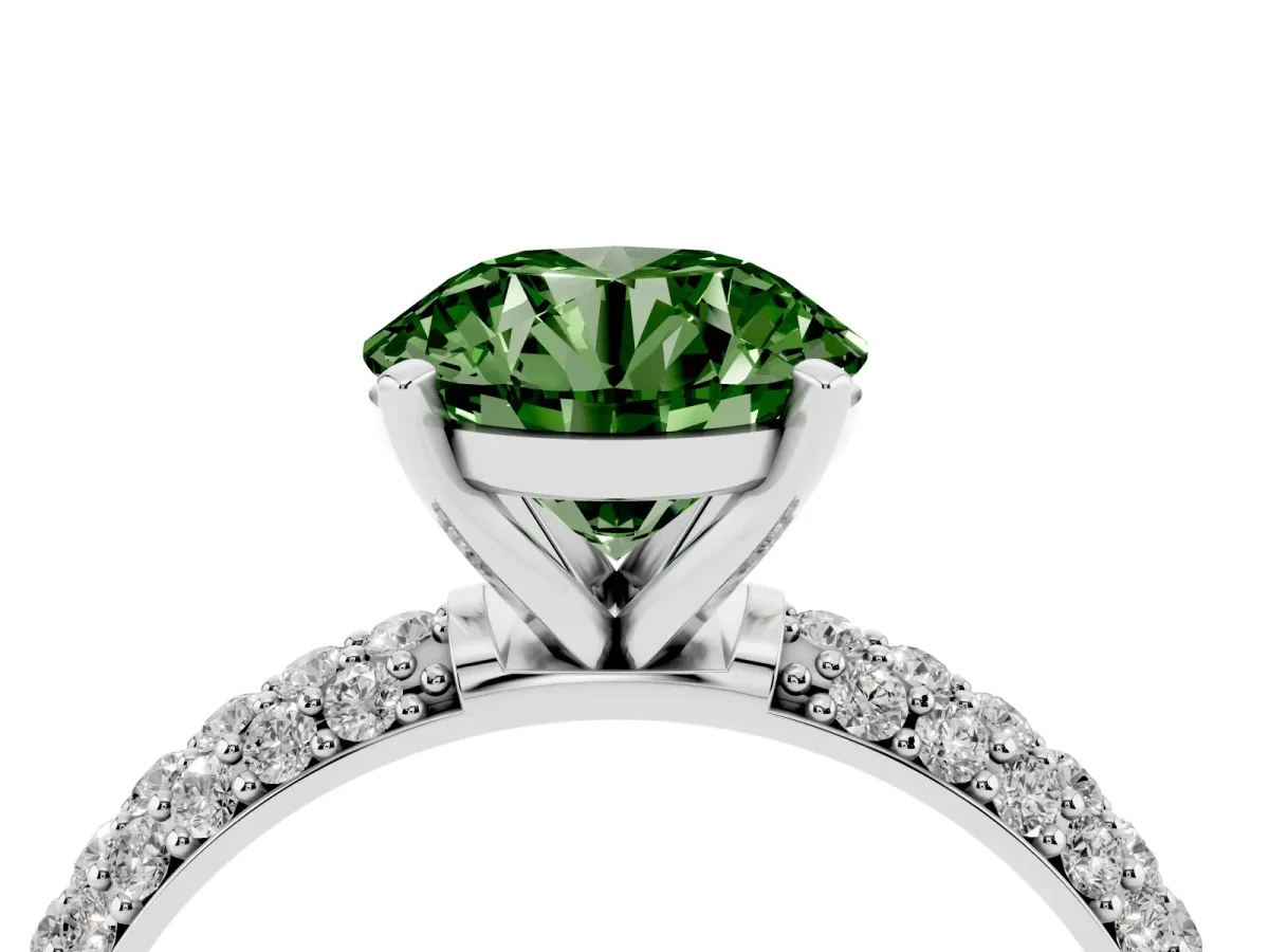 Fancy Green Round Cut Diamond Solitaire Ring with Prong Setting and Pavé Band Platinum