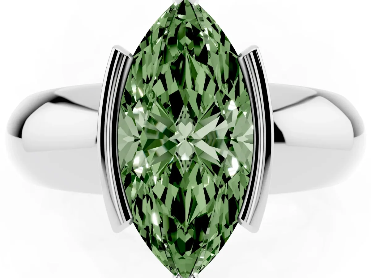 Fancy Green Marquise Cut Solitaire Tension Set Diamond Ring with Wide Band Silver