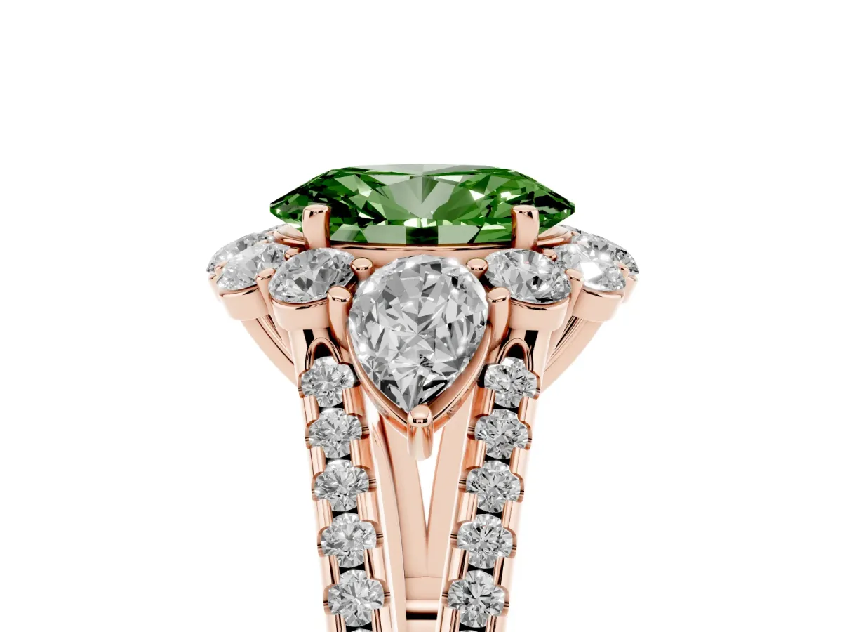 Fancy Green Oval Cut Halo Split Shank Diamond Engagement Ring with Prong Setting Rose gold