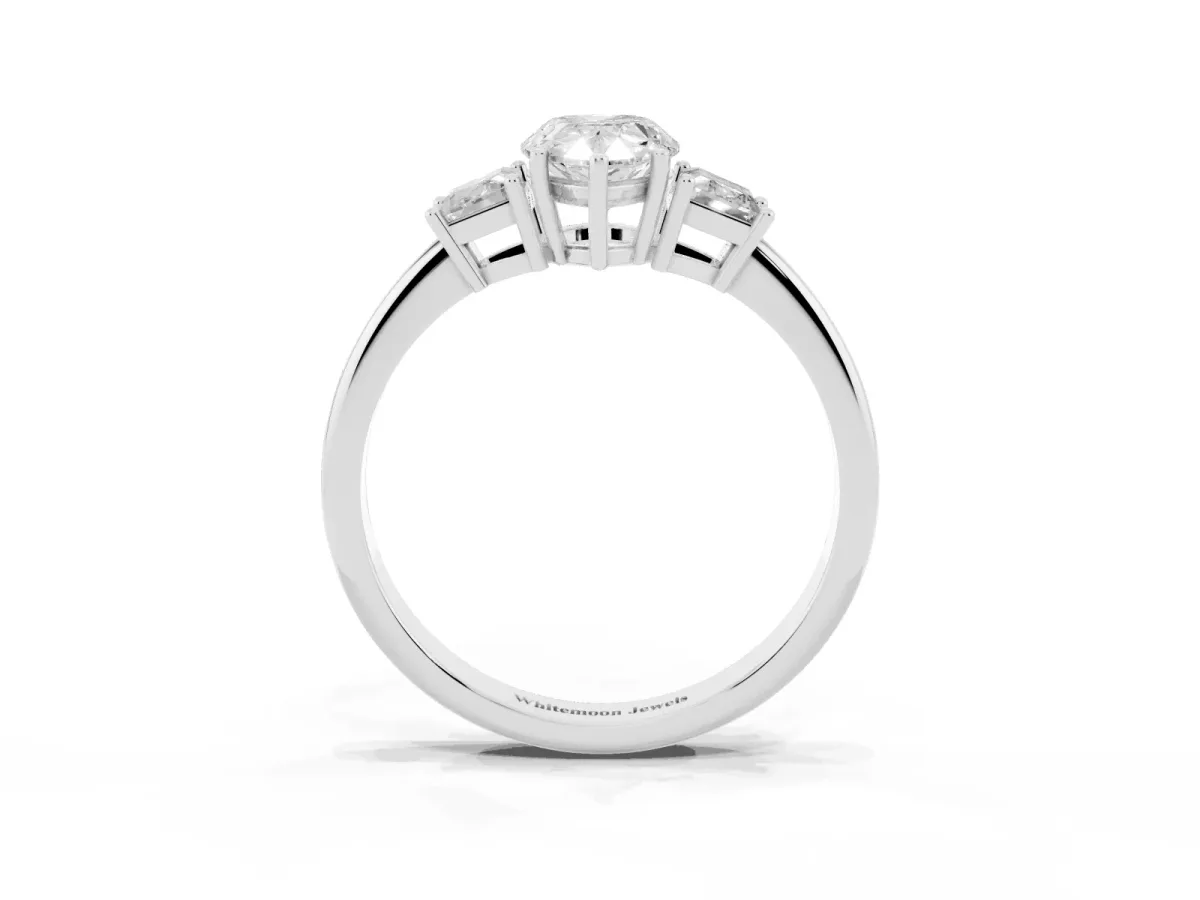 Pear Cut Diamond Three-Stone Ring with Trapezoid Side Stones and Prong Setting Platinum