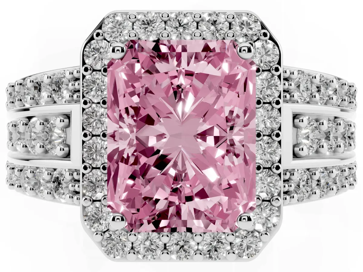 Fancy Pink Radiant Cut Halo Diamond Ring with Round Split Shank and Prong Setting Platinum