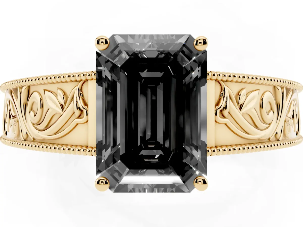 Fancy Black Emerald Cut Diamond Solitaire Ring with Engraved Band and Four-Prong Setting Yellow gold