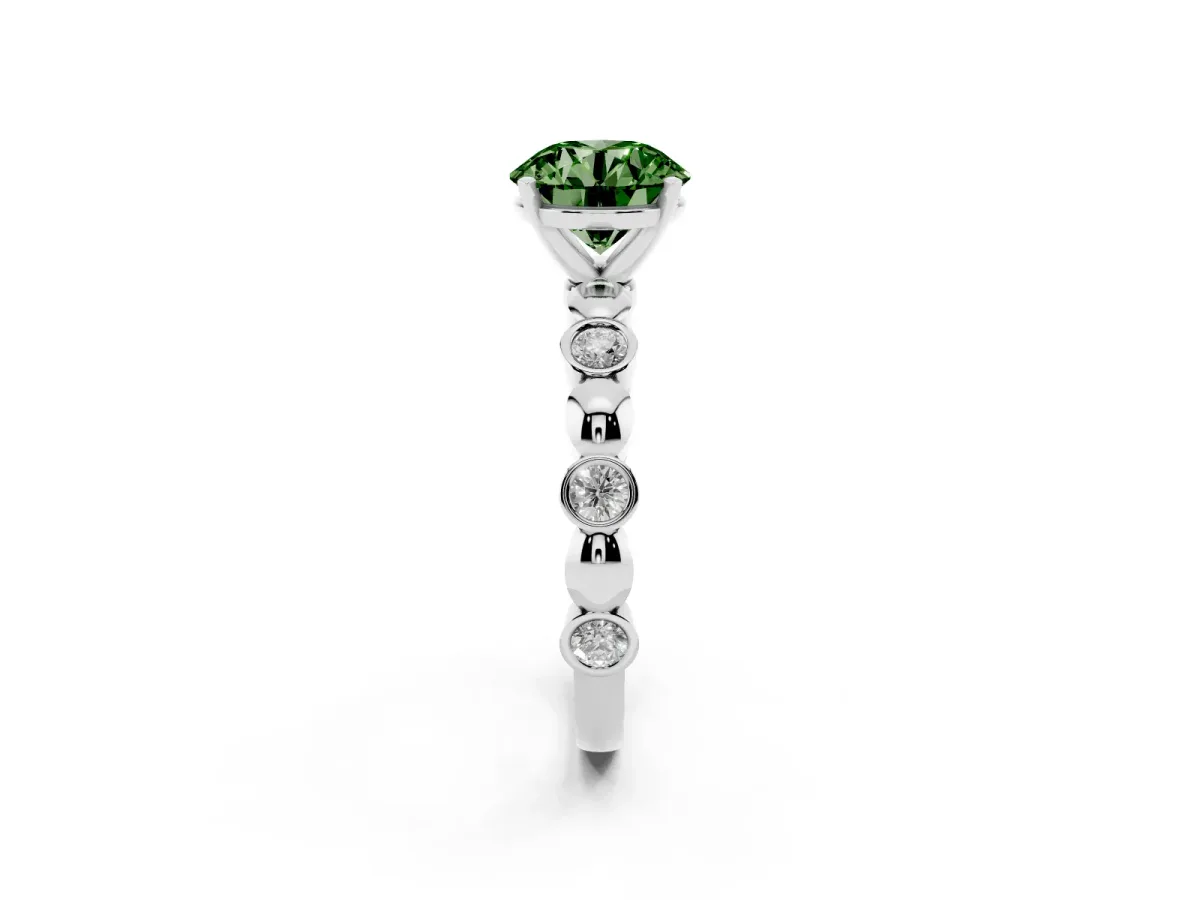 Fancy Green Round Cut Solitaire Bezel-Set Diamond Ring with Beaded Band and Four-Prong Setting Silver
