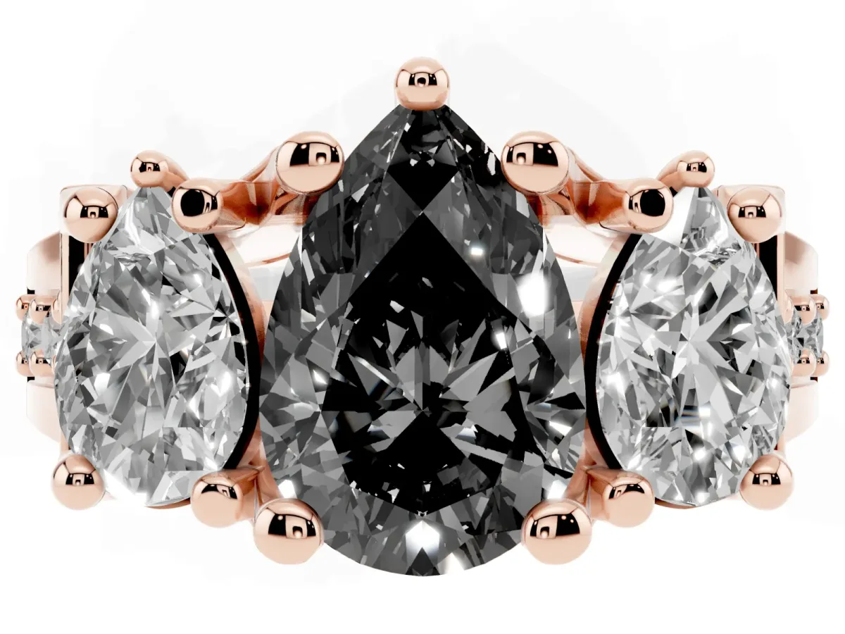 Fancy Black Pear Cut Diamond Three-Stone Ring with Channel Set Band and Four-Prong Setting Rose gold