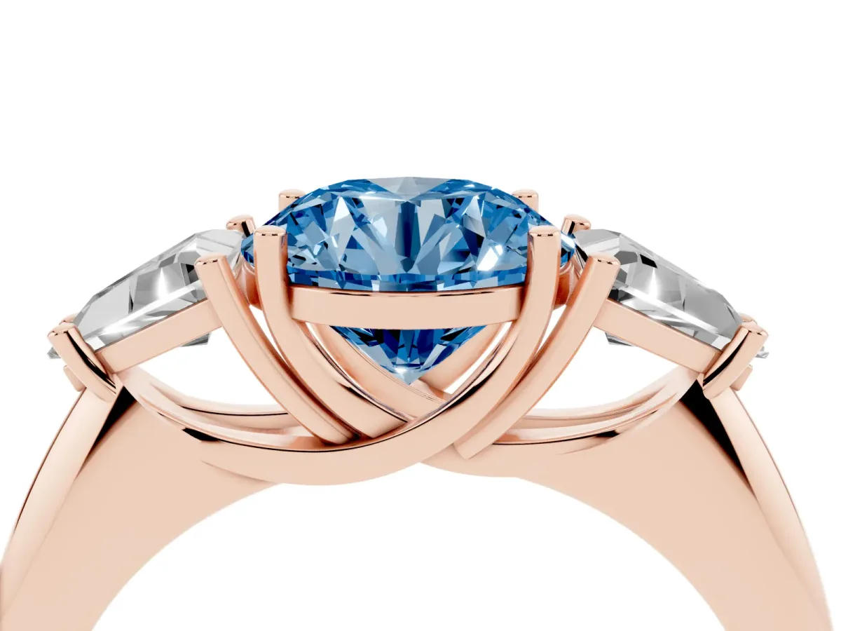 Fancy Blue Three-Stone Round Cut Diamond Engagement Ring with Trillion Side Stones and Prong Setting Rose gold