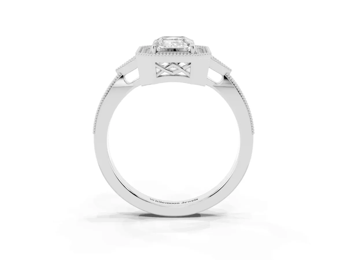 Emerald Cut Halo Round Diamond Milgrain Pave Engagement Ring Silver