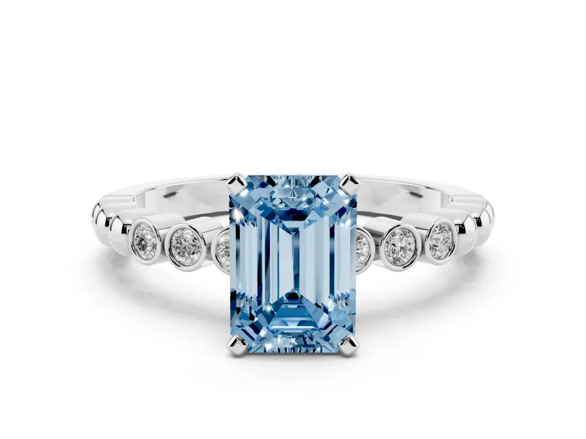Fancy Blue Emerald Cut Solitaire Bezel Accent Diamond Engagement Ring with Beaded Band and Four-Prong Setting White gold