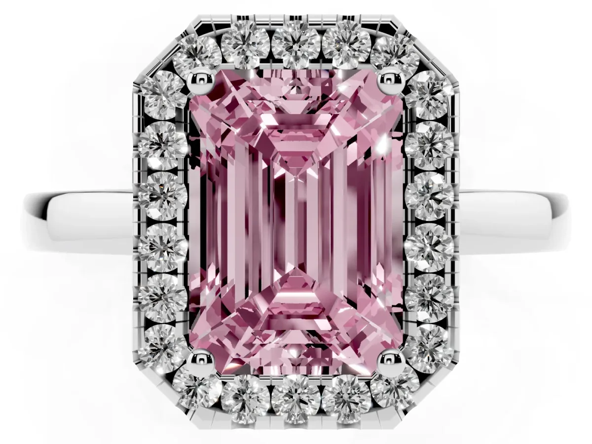 Fancy Pink Emerald Cut Halo Diamond Solitaire with Pavé Band and Four-Prong Setting Silver