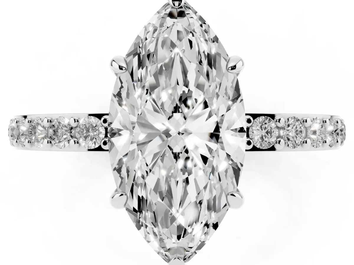 Marquise Cut Diamond Pavé Engagement Ring with Round Accents and Prong Setting Silver