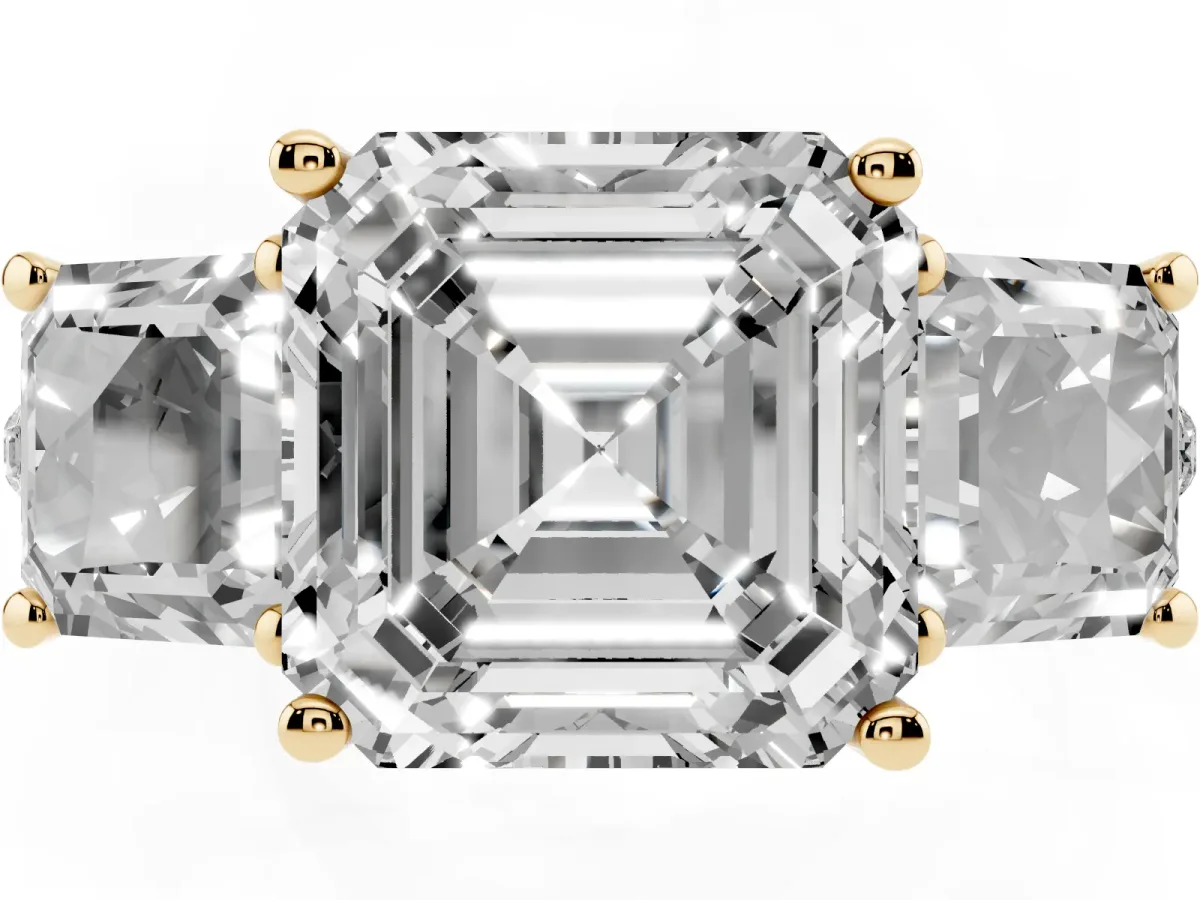Three-Stone Asscher Cut Diamond Ring with Round Pavé Band and Prong Setting Yellow gold