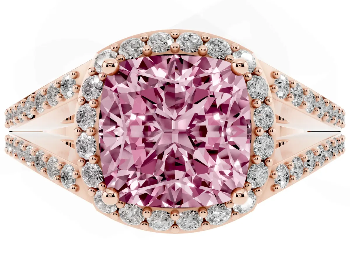 Fancy Pink Cushion Cut Halo Split Shank Pave Diamond Ring with Four-Prong Setting Rose gold