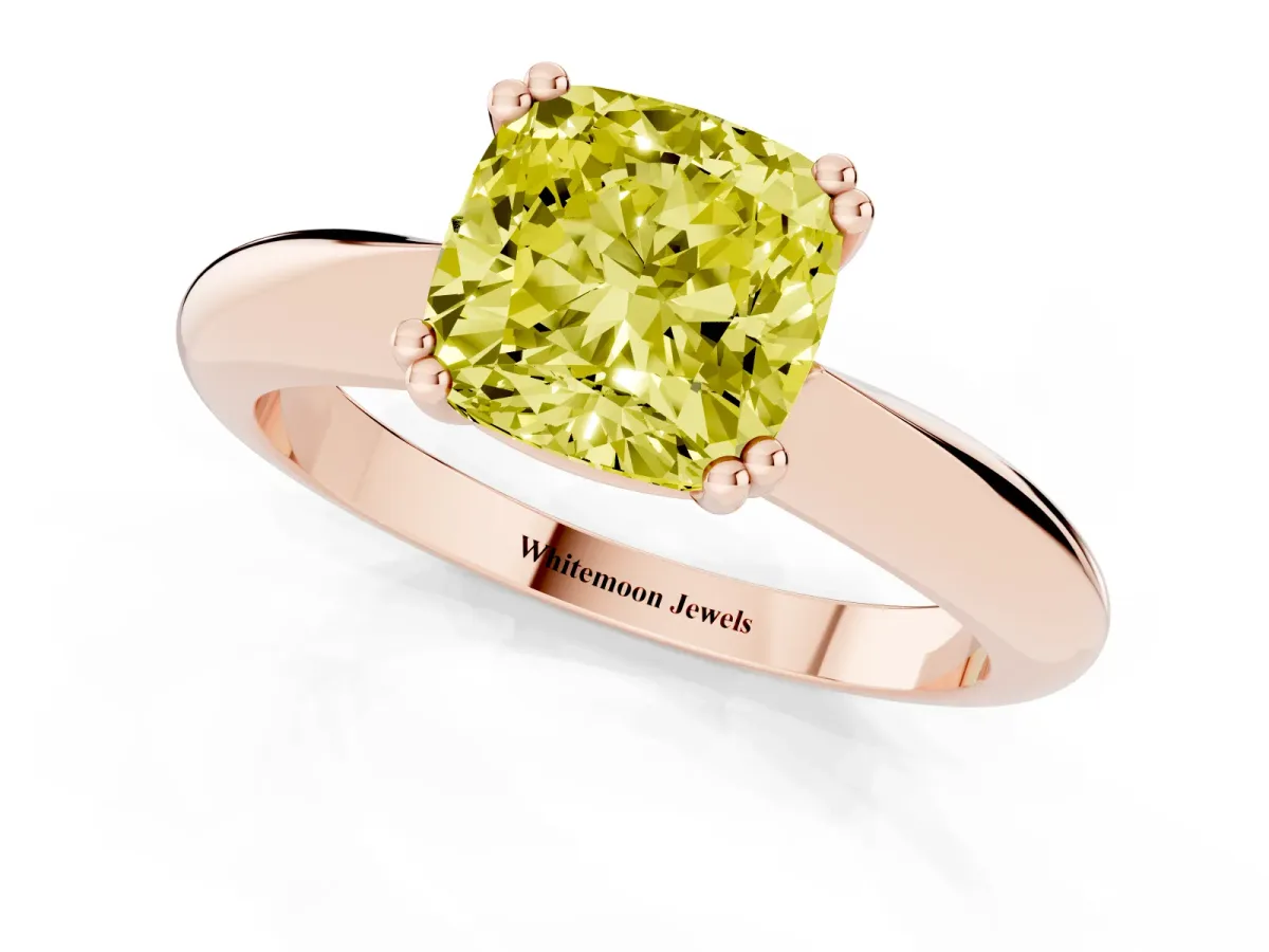 Fancy Yellow Cushion Cut Cut Solitaire Engagement Ring with Tapered Band and Four-Prong Setting Rose gold