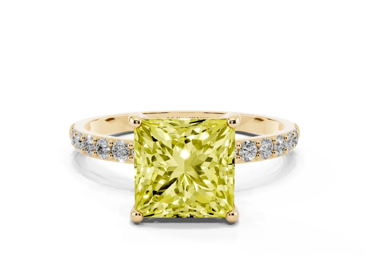 Fancy Yellow Princess Cut Diamond Solitaire Ring with Round Pavé Band and Prong Setting Yellow gold