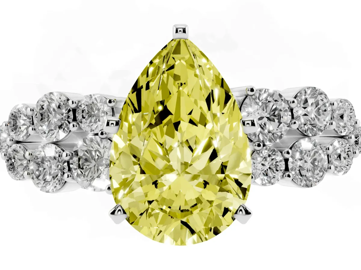 Fancy Yellow Pear Cut Cluster Diamond Engagement Ring with Pavé Band and Four-Prong Setting Platinum