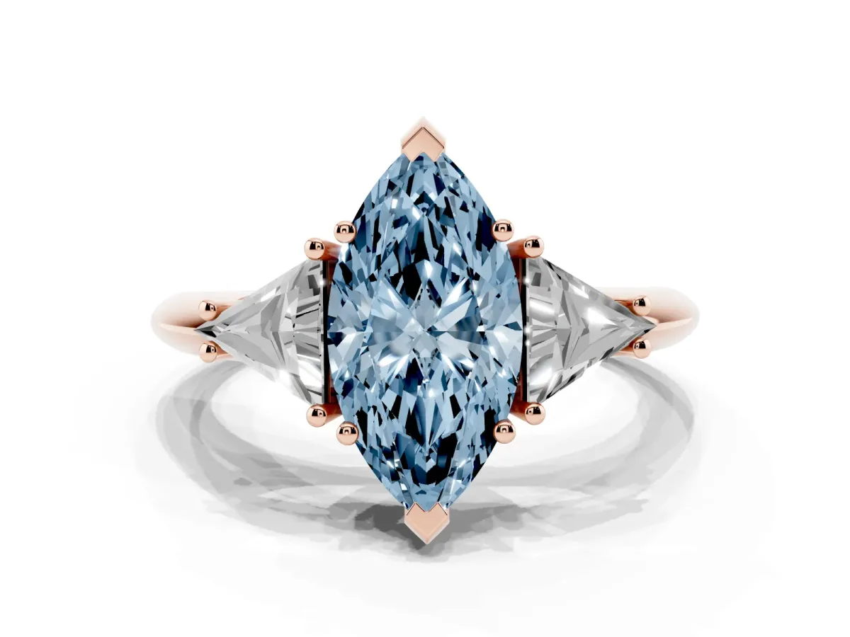 Fancy Blue Three-Stone Marquise Cut Diamond Engagement Ring with Trillion Side Stones and Prong Setting Rose gold