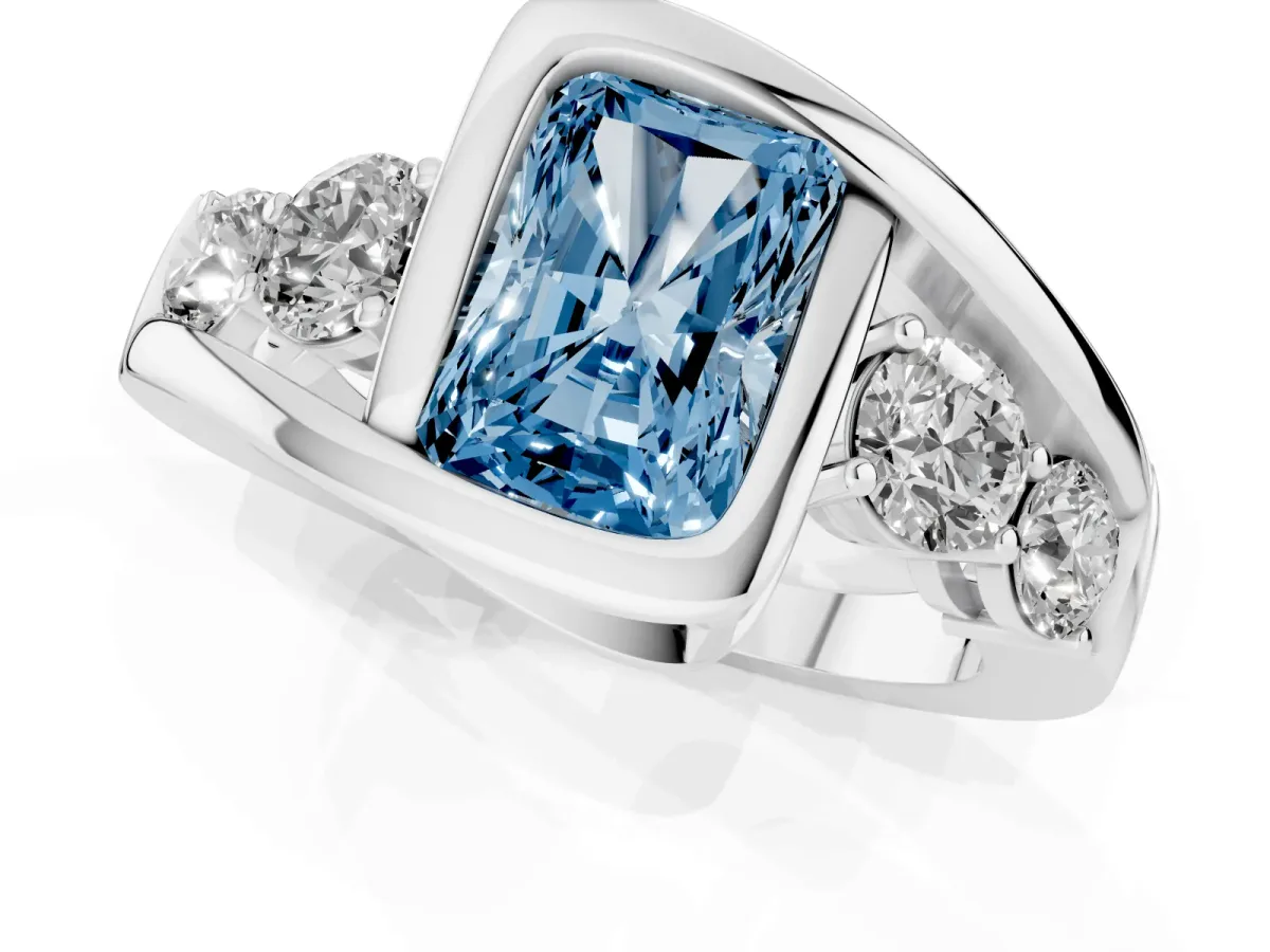 Fancy Blue Bezel Set Radiant Cut Diamond Bypass Ring with Round Accents Silver