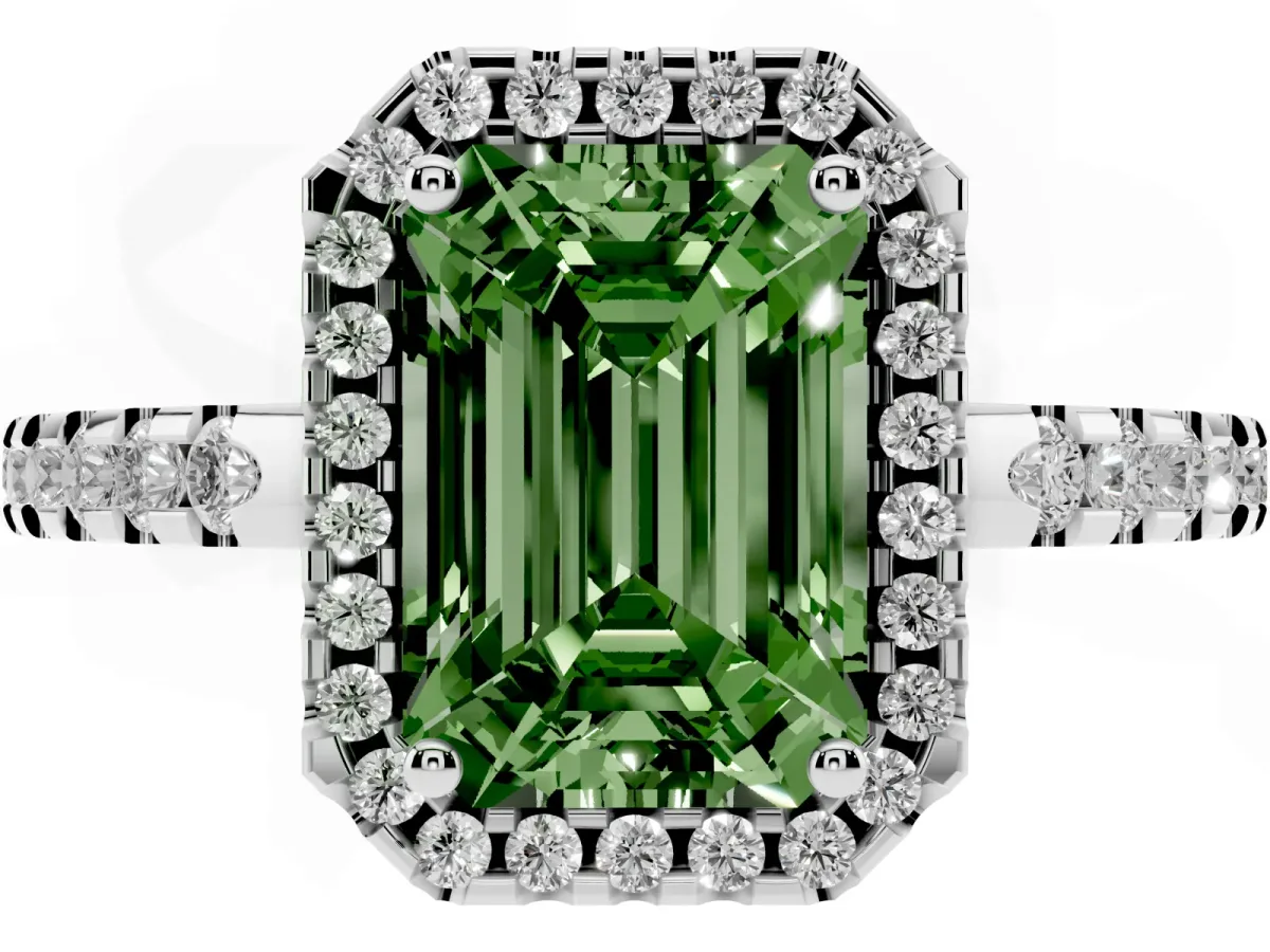 Fancy Green Emerald Cut Diamond Halo Engagement Ring with Pavé Band and Prong Setting Platinum