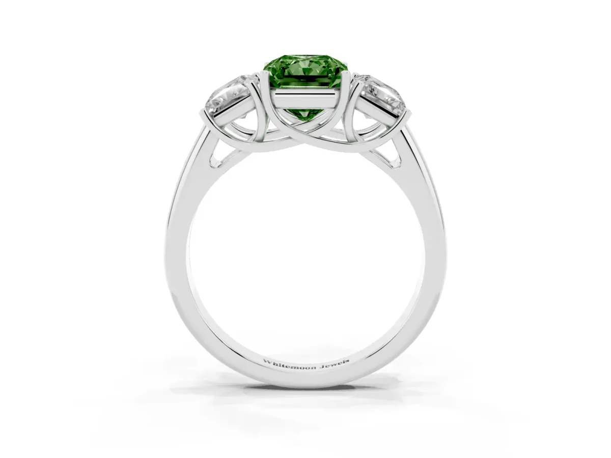 Fancy Green Three-Stone Radiant Cut Diamond Engagement Ring with Prong Setting White gold