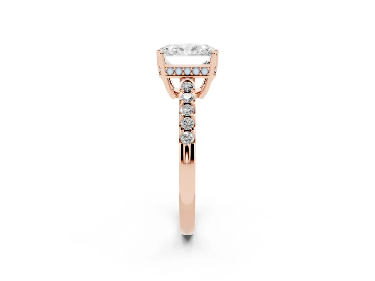 Radiant Cut Solitaire Diamond Engagement Ring with Pavé Band and Six-Prong Setting Rose gold