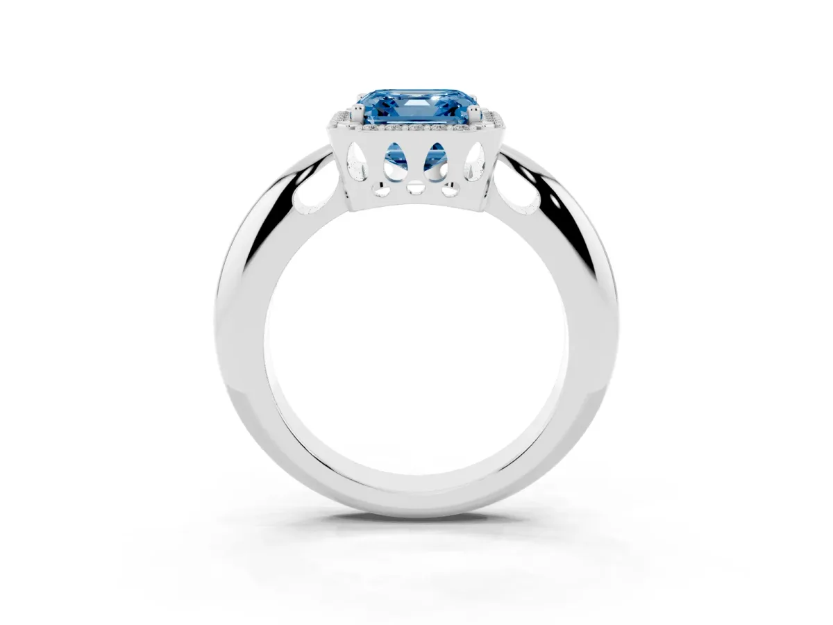 Fancy Blue Asscher Cut Cut Diamond Halo Engagement Ring with Split Shank and Four-Prong Setting Platinum