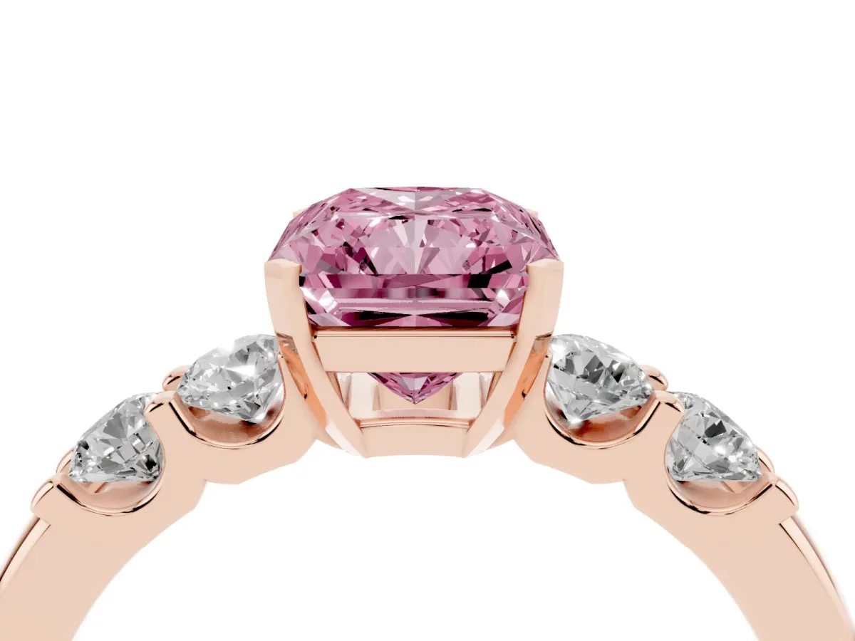 Fancy Pink Radiant Cut Brilliant Cut Diamond Five-Stone Prong Set Engagement Ring with Channel Band Rose gold