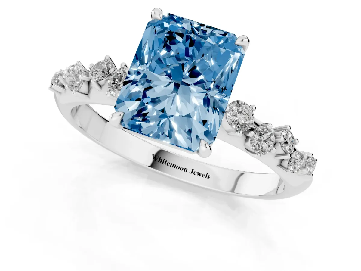 Fancy Blue Radiant Cut Diamond Cluster Side Stone Solitaire Ring with Prong Setting Silver