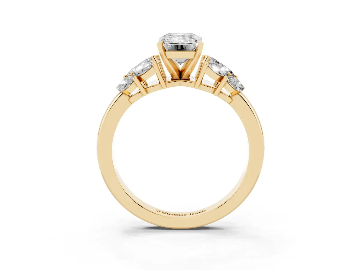 Emerald Cut Diamond Cluster Leaf Design Ring with Prong Setting Yellow gold