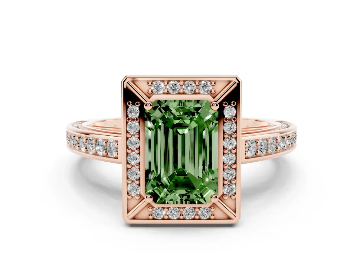 Fancy Green Emerald Cut Cut Halo Pave Split Shank Prong Setting Ring Rose gold