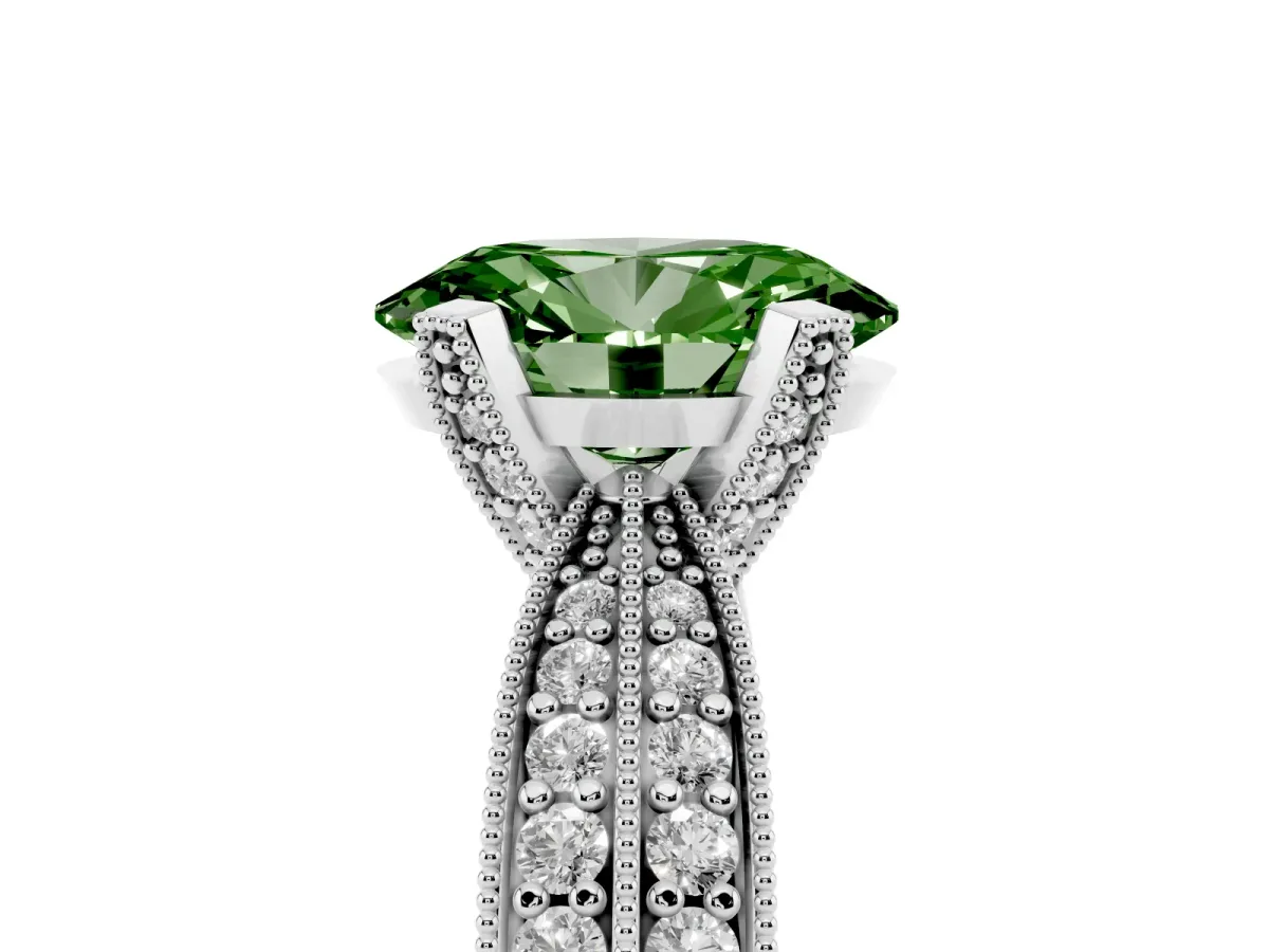 Fancy Green Oval Cut Diamond Solitaire Ring with Milgrain Round Pavé Band and Prong Setting White gold