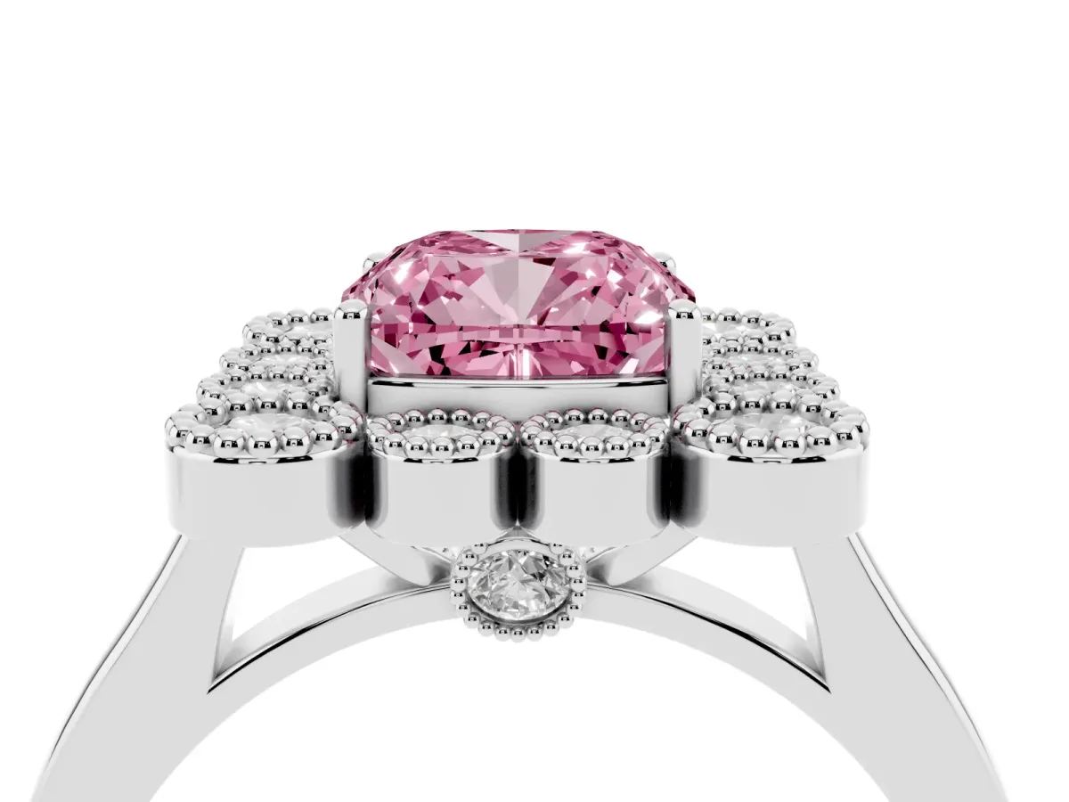 Fancy Pink Cushion Cut Halo Diamond Cluster Engagement Ring with Milgrain Bezel Setting and Solitaire Band Platinum