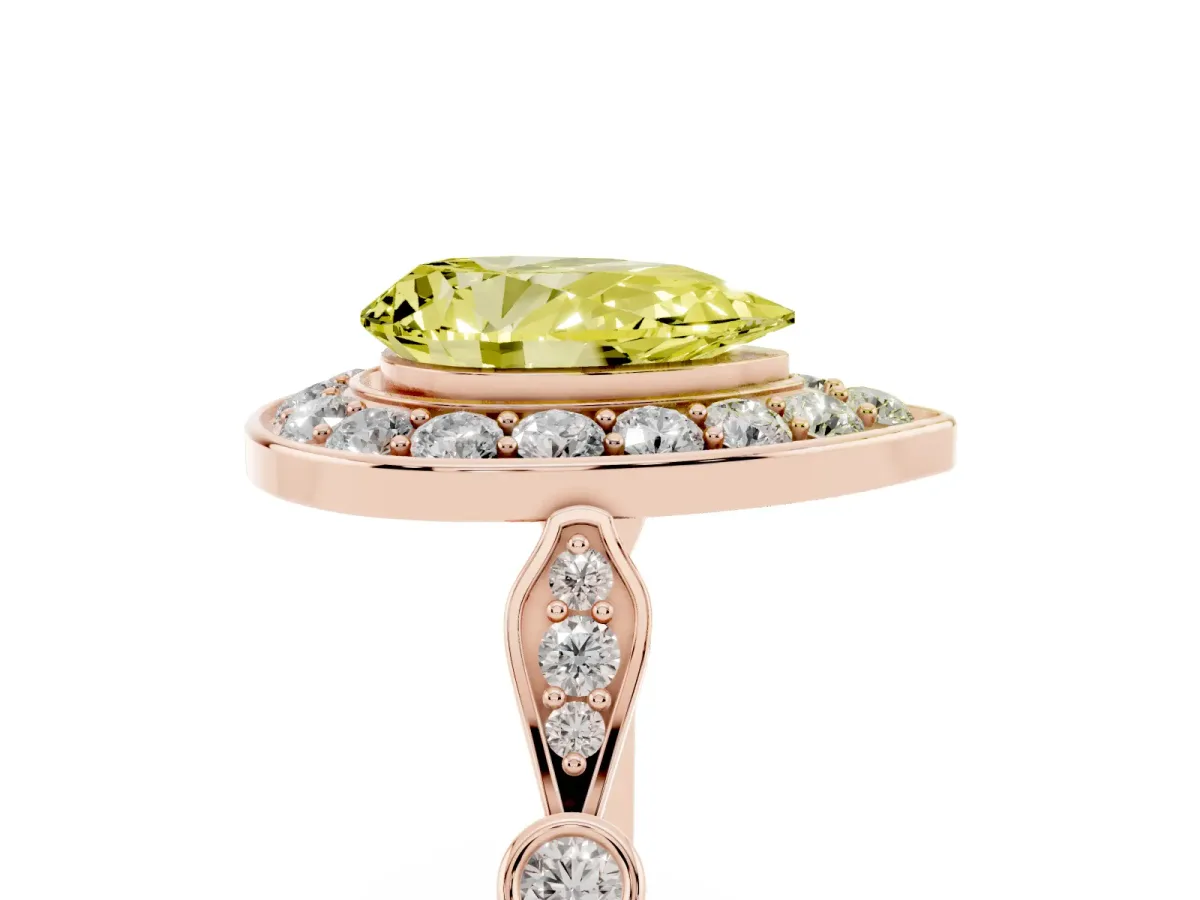 Fancy Yellow Pear Cut Halo Diamond Engagement Ring with Twisted Band and Four-Prong Setting Rose gold