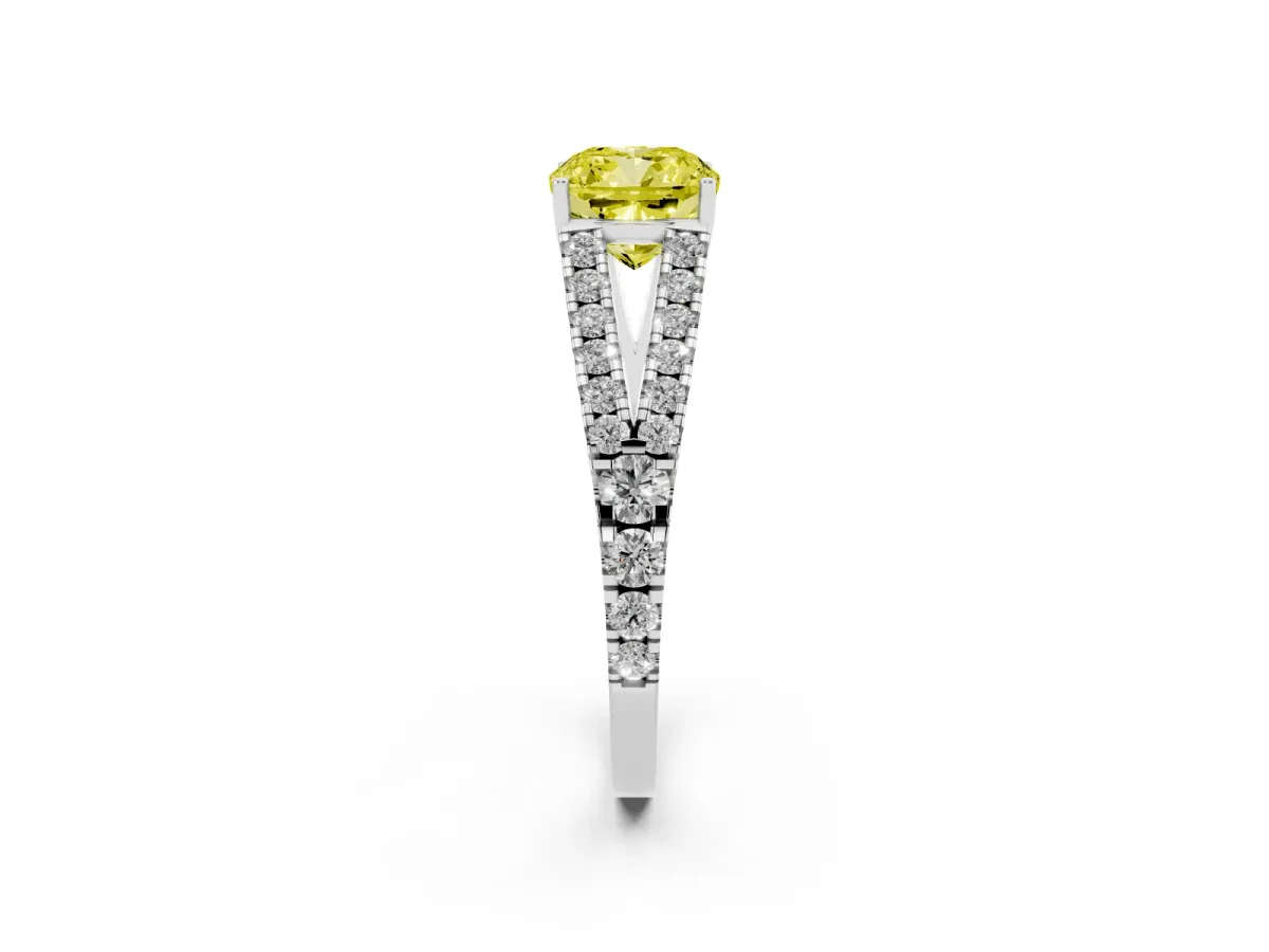 Fancy Yellow Cushion Cut Diamond Split Shank Pavé Engagement Ring with Four-Prong Setting Platinum