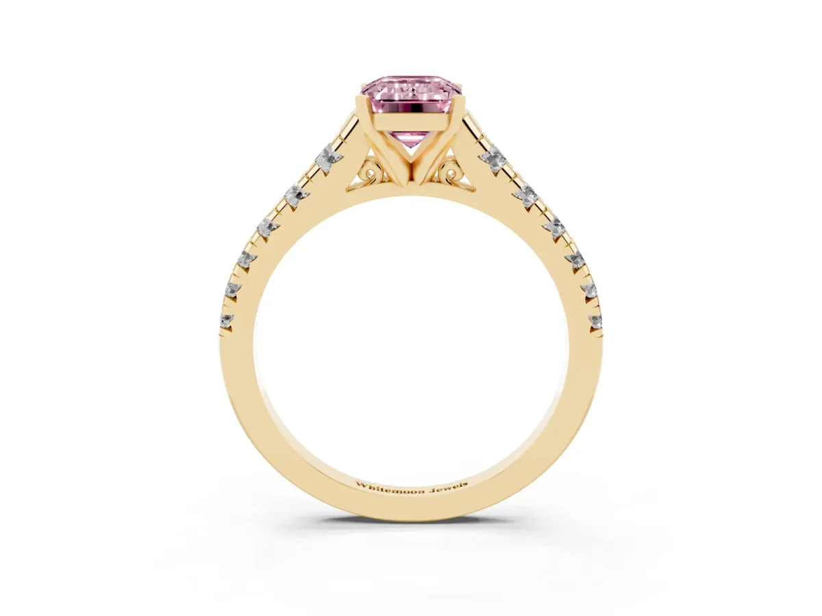 Fancy Pink Emerald Cut Diamond Cathedral Solitaire Ring with Round Pavé Band Yellow gold